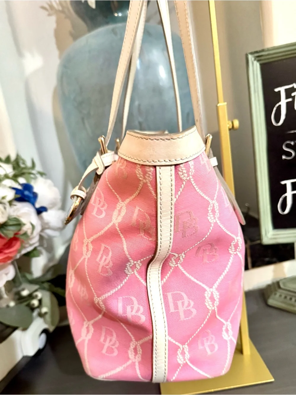 Dooney & Bourke Pink & White Nautical Rope Monogram Tote Vintage Blue Duck - GUC